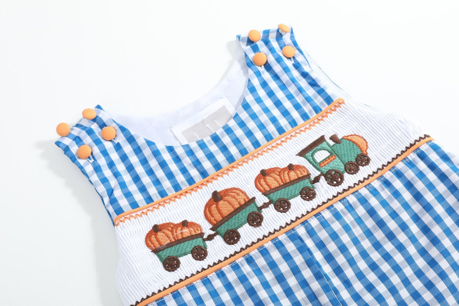 Blue Gingham Pumpkin Train Smocked Overalls