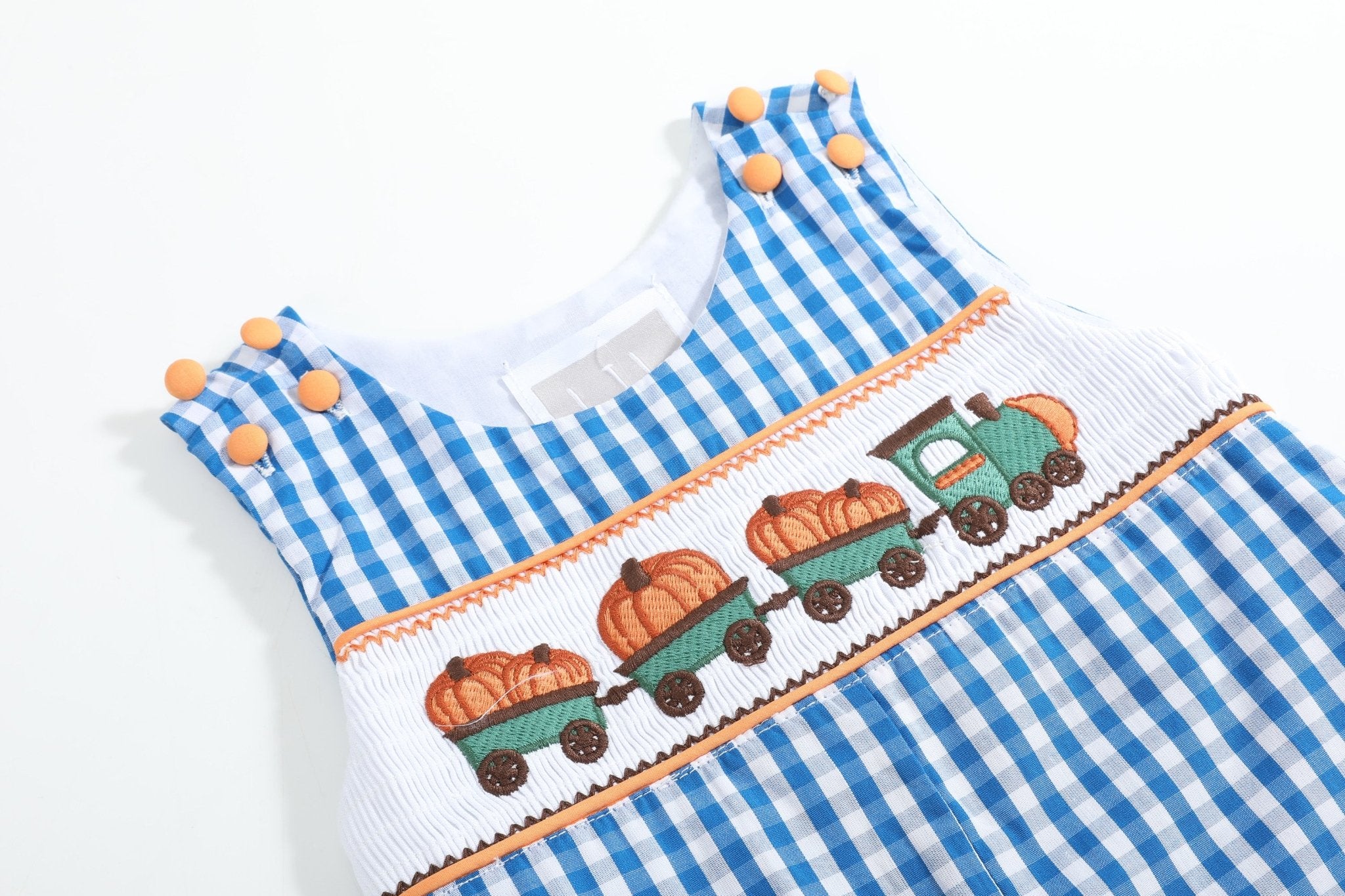 Blue Gingham Pumpkin Train Smocked Overalls