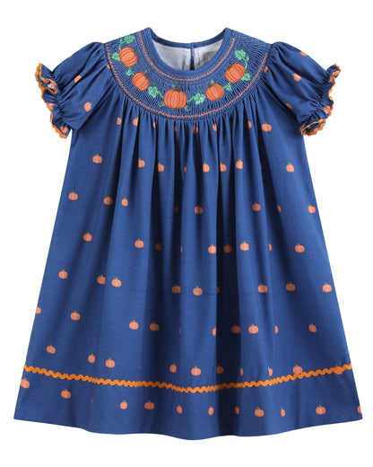 Blue Pumpkin Print Knit Smocked Bishop Dress