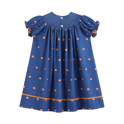 Blue Pumpkin Print Knit Smocked Bishop Dress