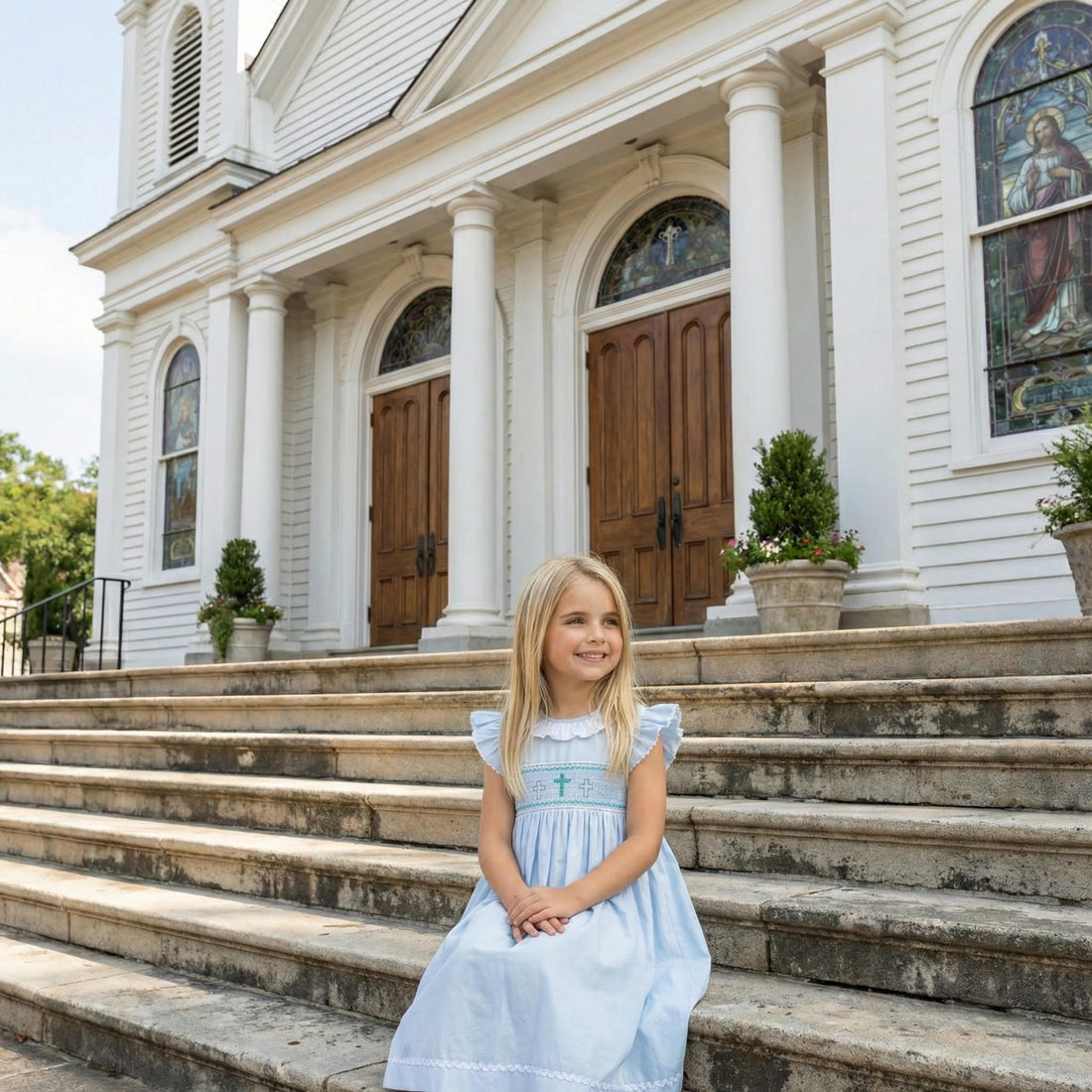Blue Ruffled Crosses Smocked Dress