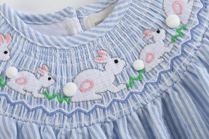 Blue Seersucker Bunny Smocked Flutter Romper
