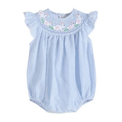 Blue Seersucker Bunny Smocked Flutter Romper