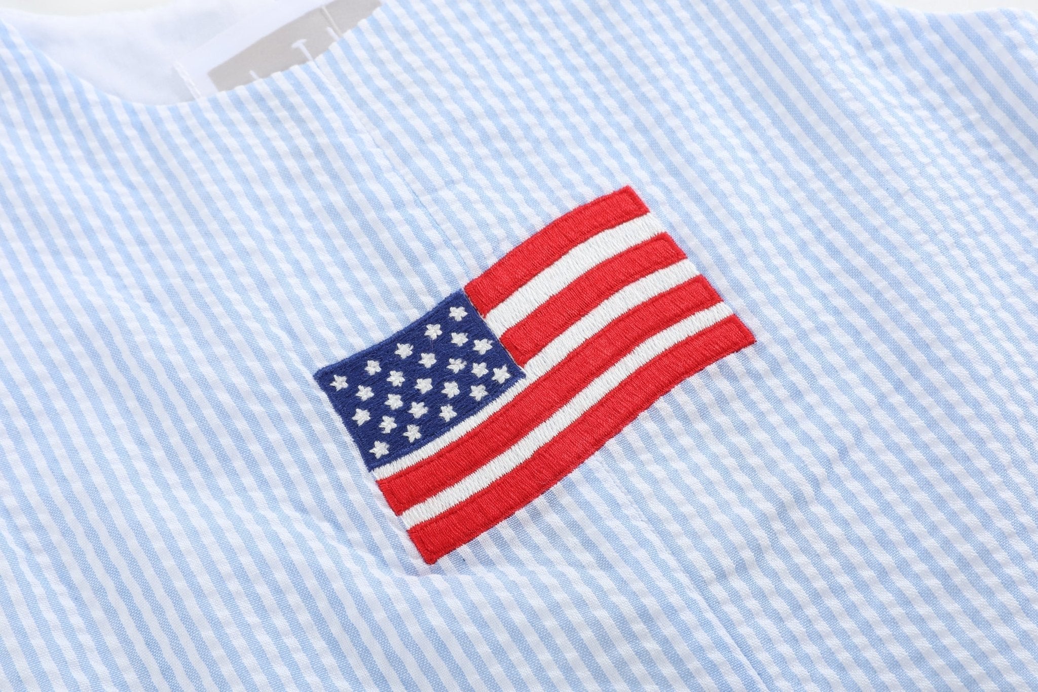 Blue Seersucker USA Flag Shortalls