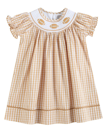 Brown Gingham Football Smocked Bishop Dress