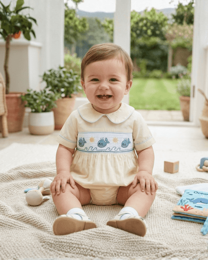 Buttercream Yellow Whale Smocked Collared Romper
