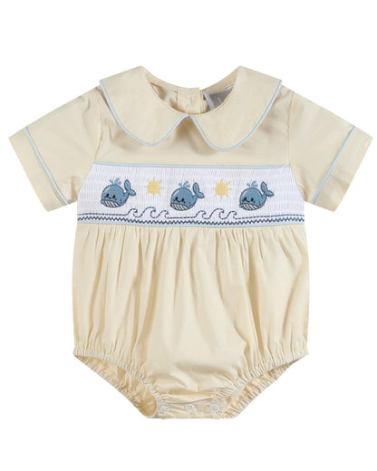 Buttercream Yellow Whale Smocked Collared Romper