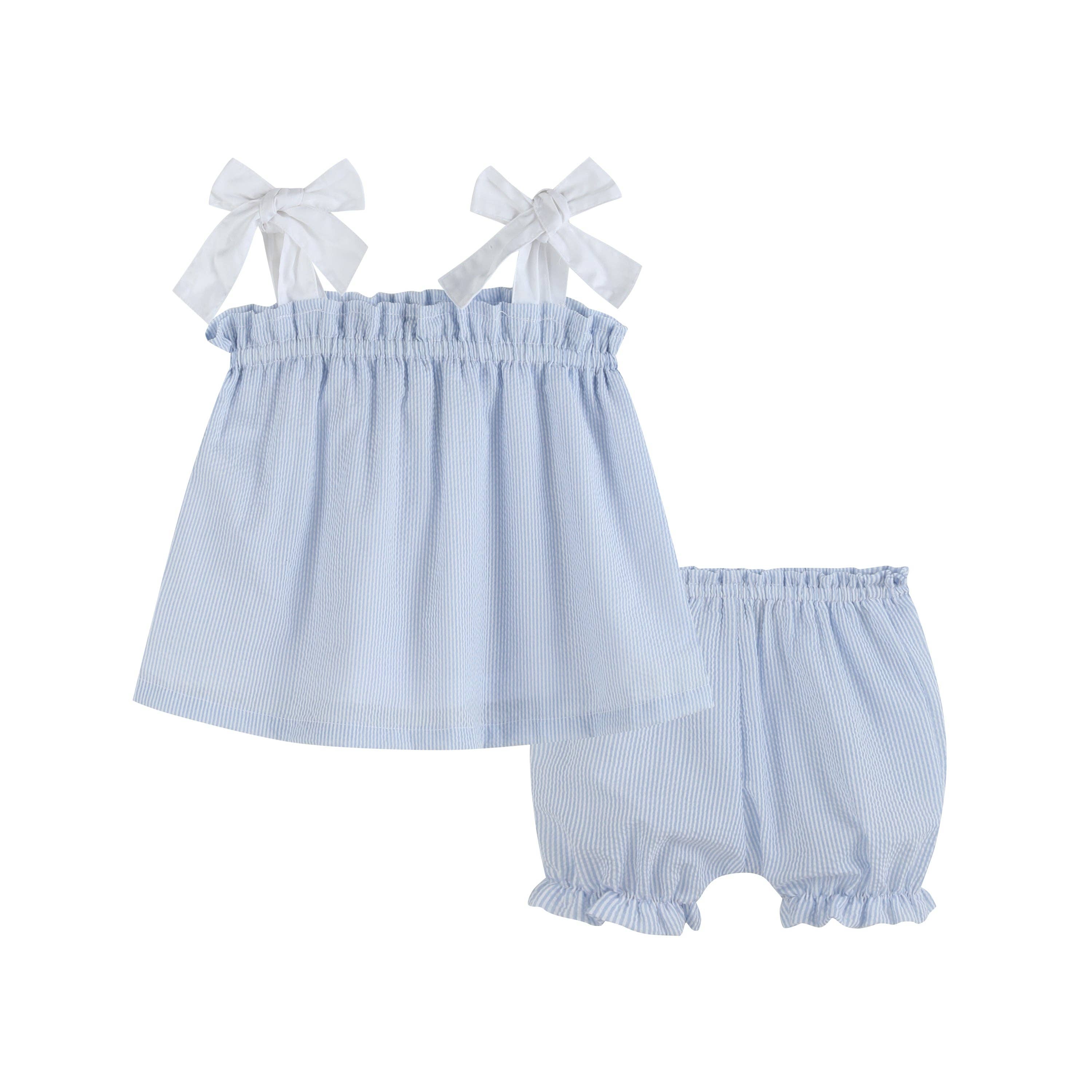 Blue Seersucker Bow 2pc Set