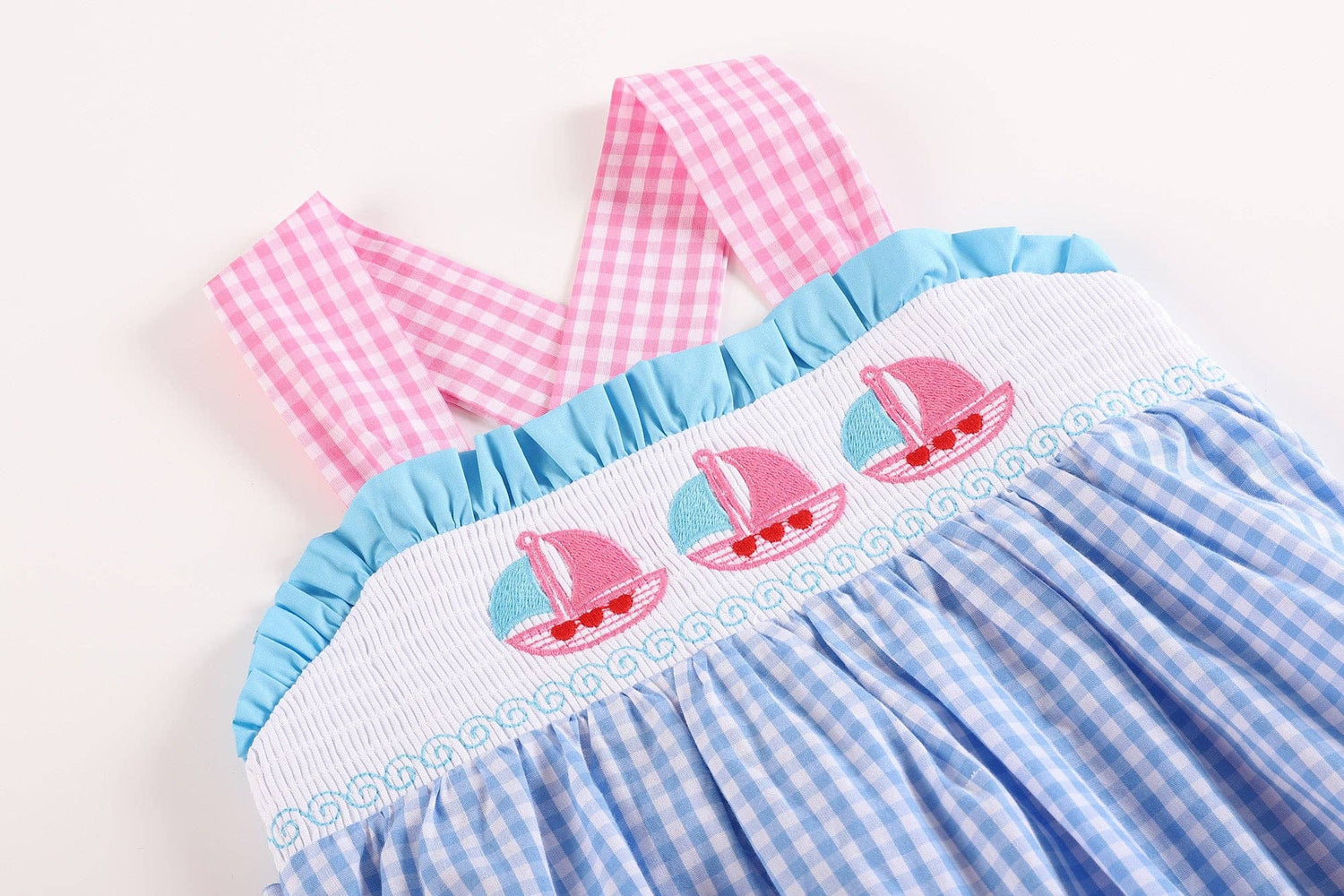 Baby Blue Gingham Pink Sailboats Smocked Baby Dress 3-6M - 3-6M Baby Blue Gingham Pink Sailboats Smocked Baby Dress 3-6M - 3-6M