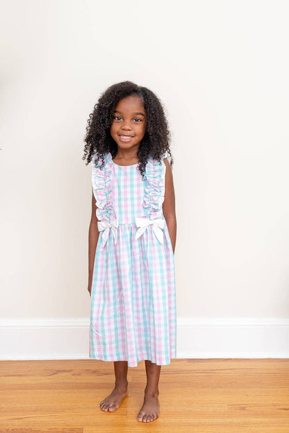 Pink and Aqua Gingham Ruffle Bow Dress