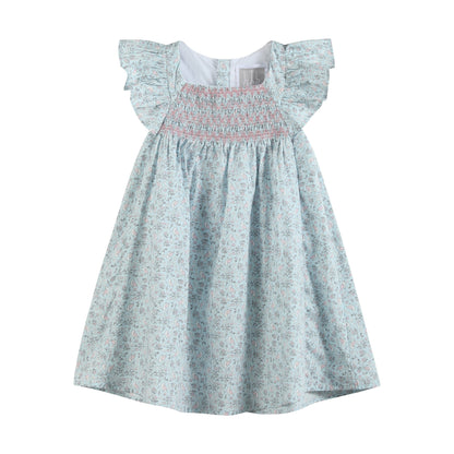 Floral Blue Dove Smocked Flutter Dress