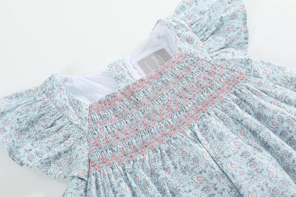 Floral Blue Dove Smocked Flutter Dress