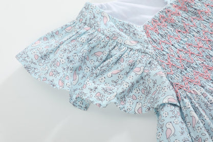 Floral Blue Dove Smocked Flutter Dress