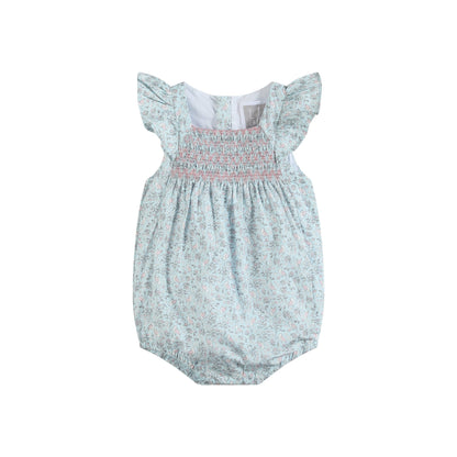 Floral Blue Dove Smocked Flutter Romper