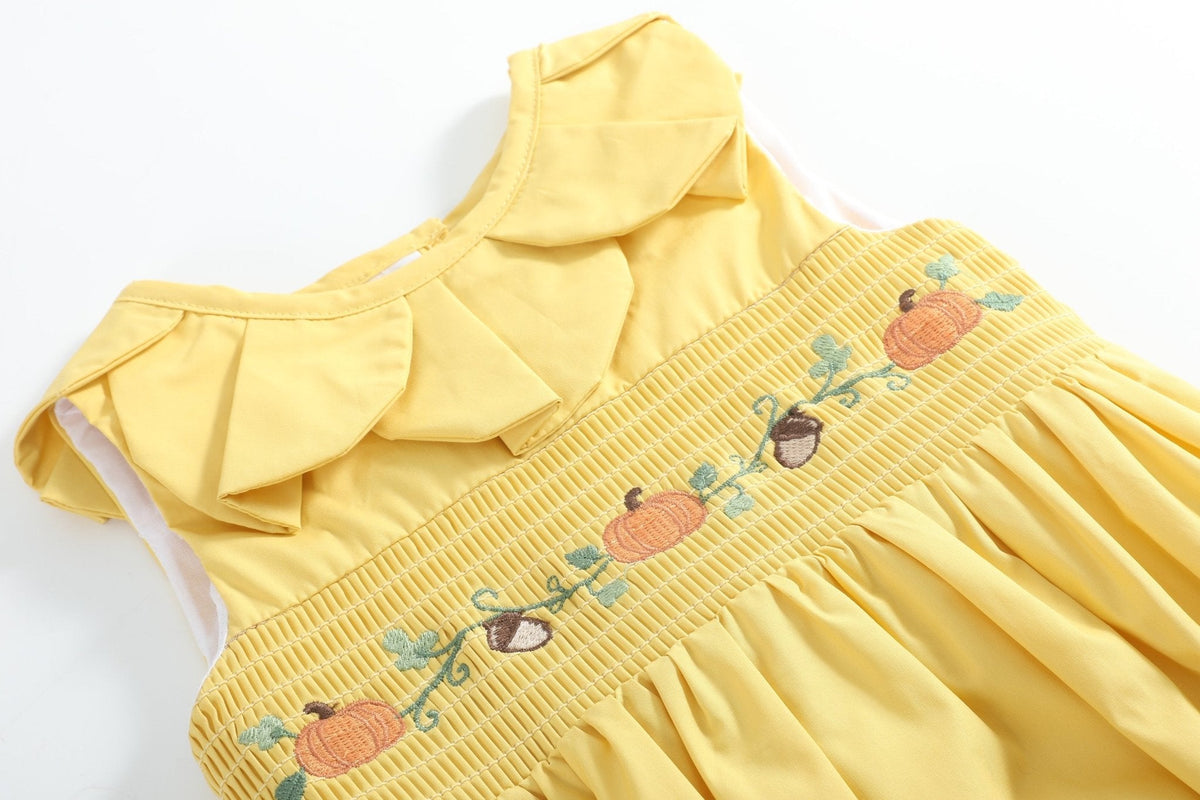 Golden Wheat Pumpkin Smocked Petal Collar Bubble Romper