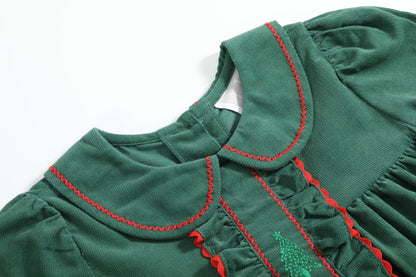 Green Corduroy Christmas Tree Ruffle Dress