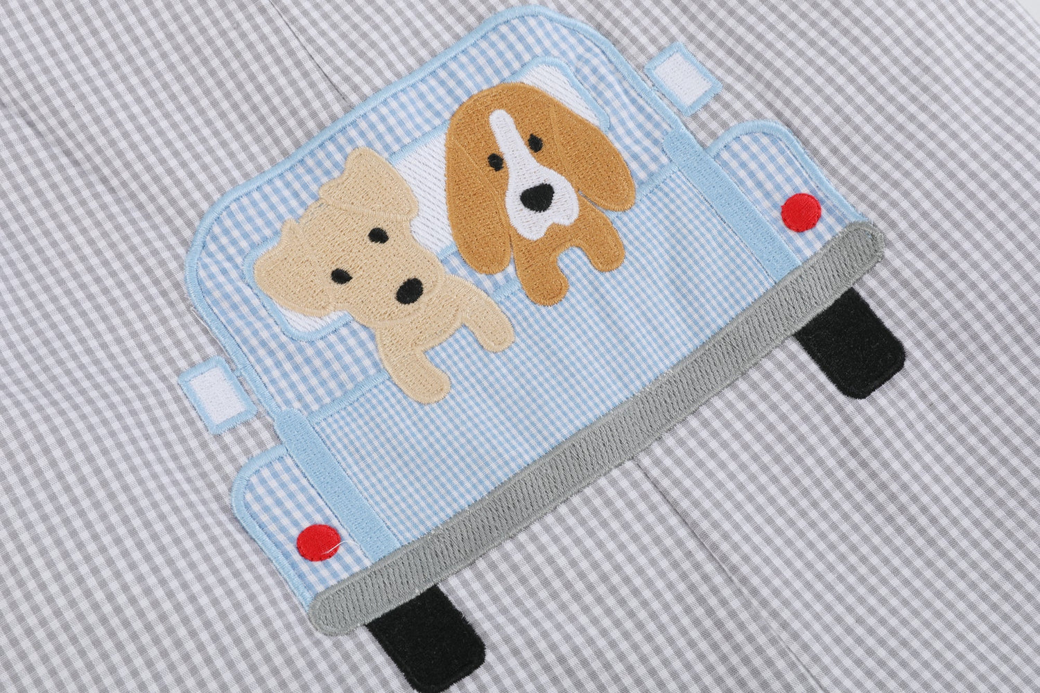 Grey Gingham Puppies in Truck Shortalls