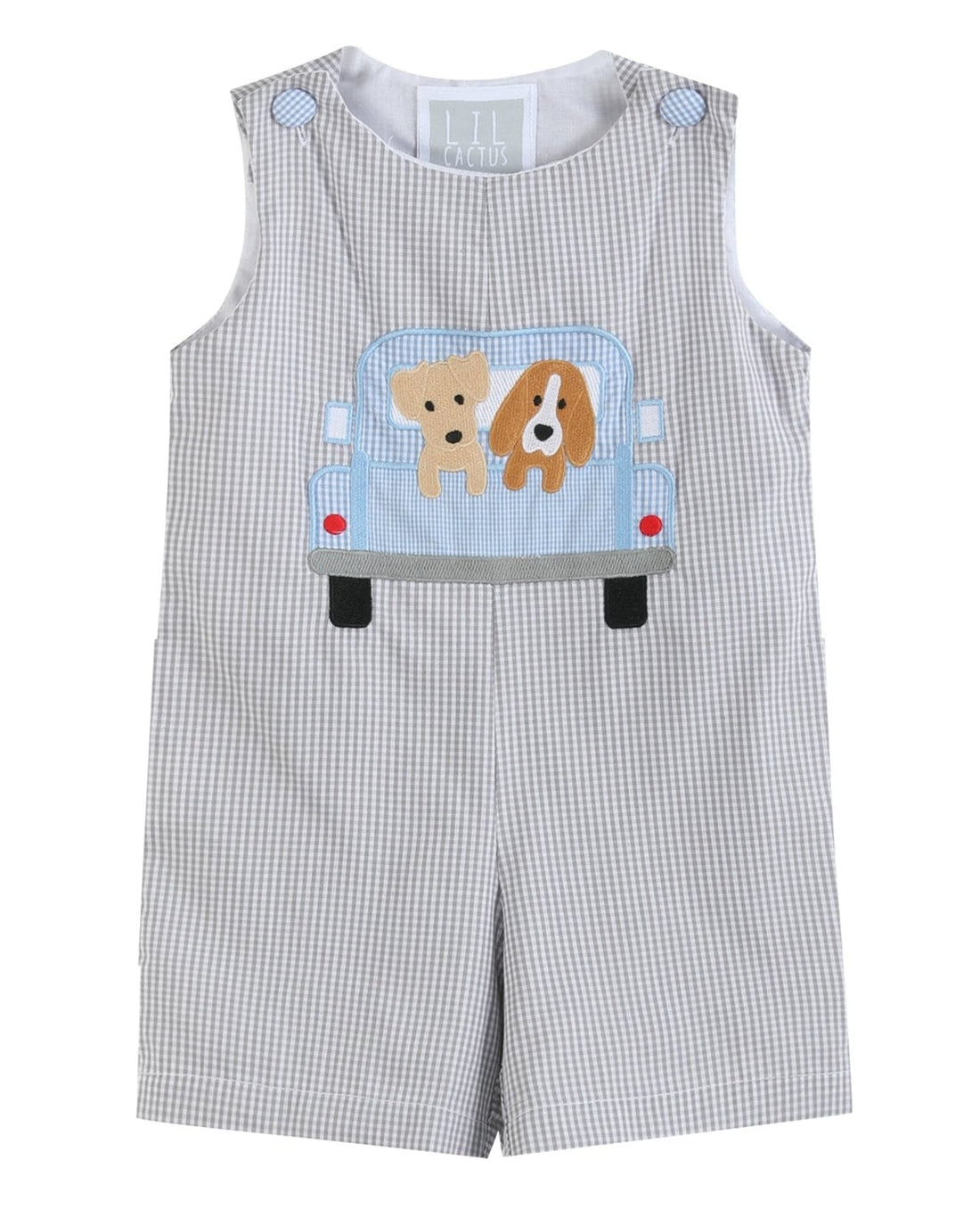 Grey Gingham Puppies in Truck Shortalls
