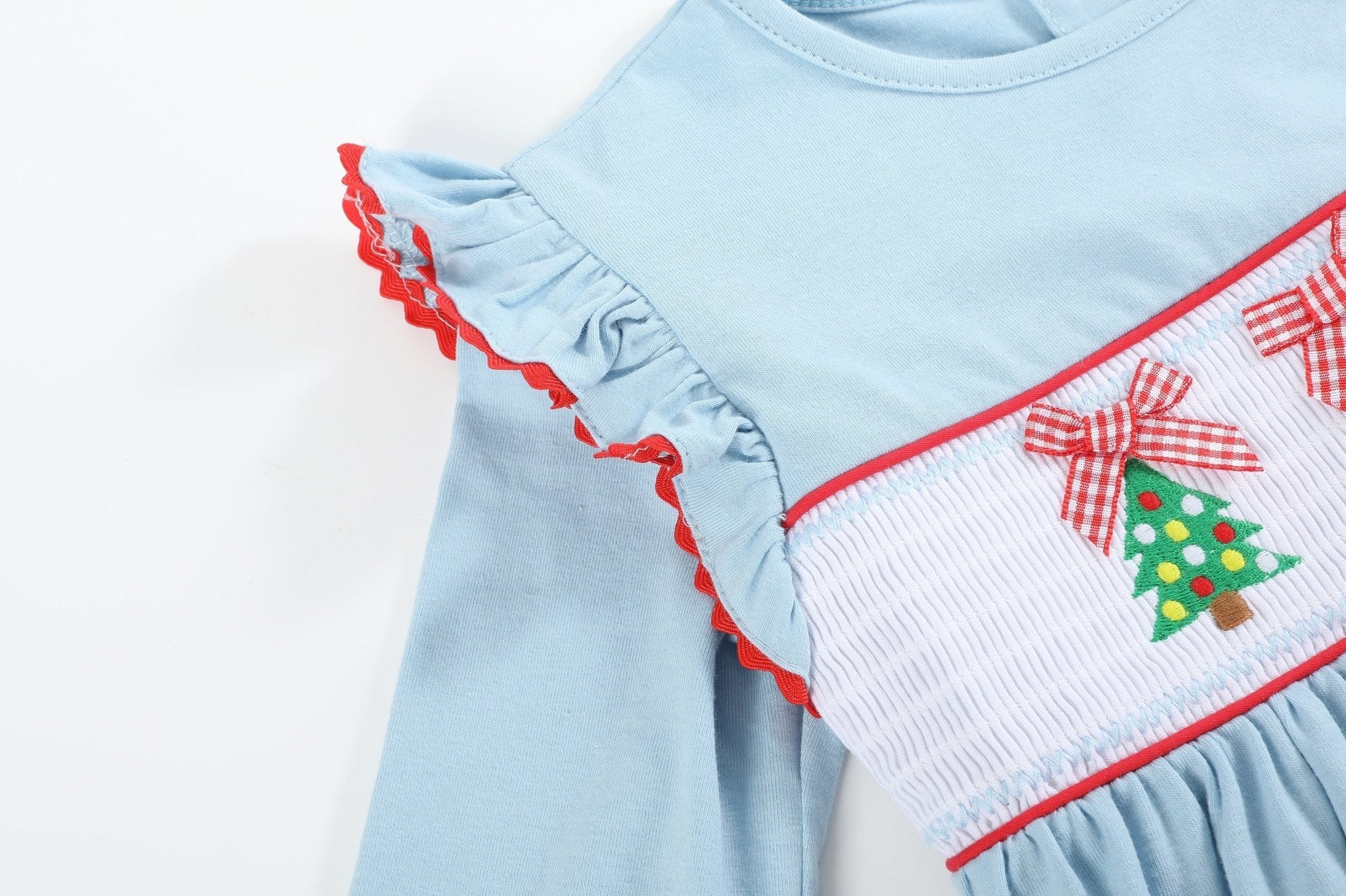 Light Blue Christmas Tree Smocked Knit Dress