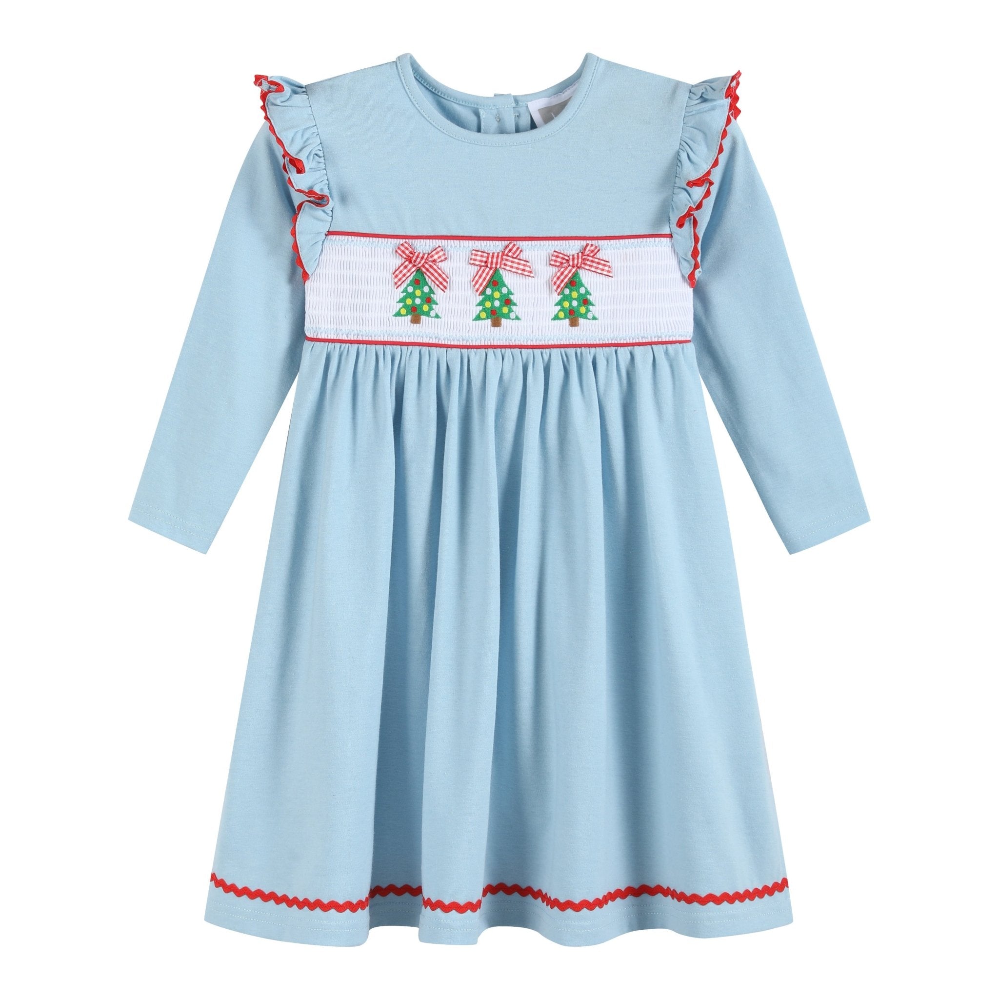 Light Blue Christmas Tree Smocked Knit Dress