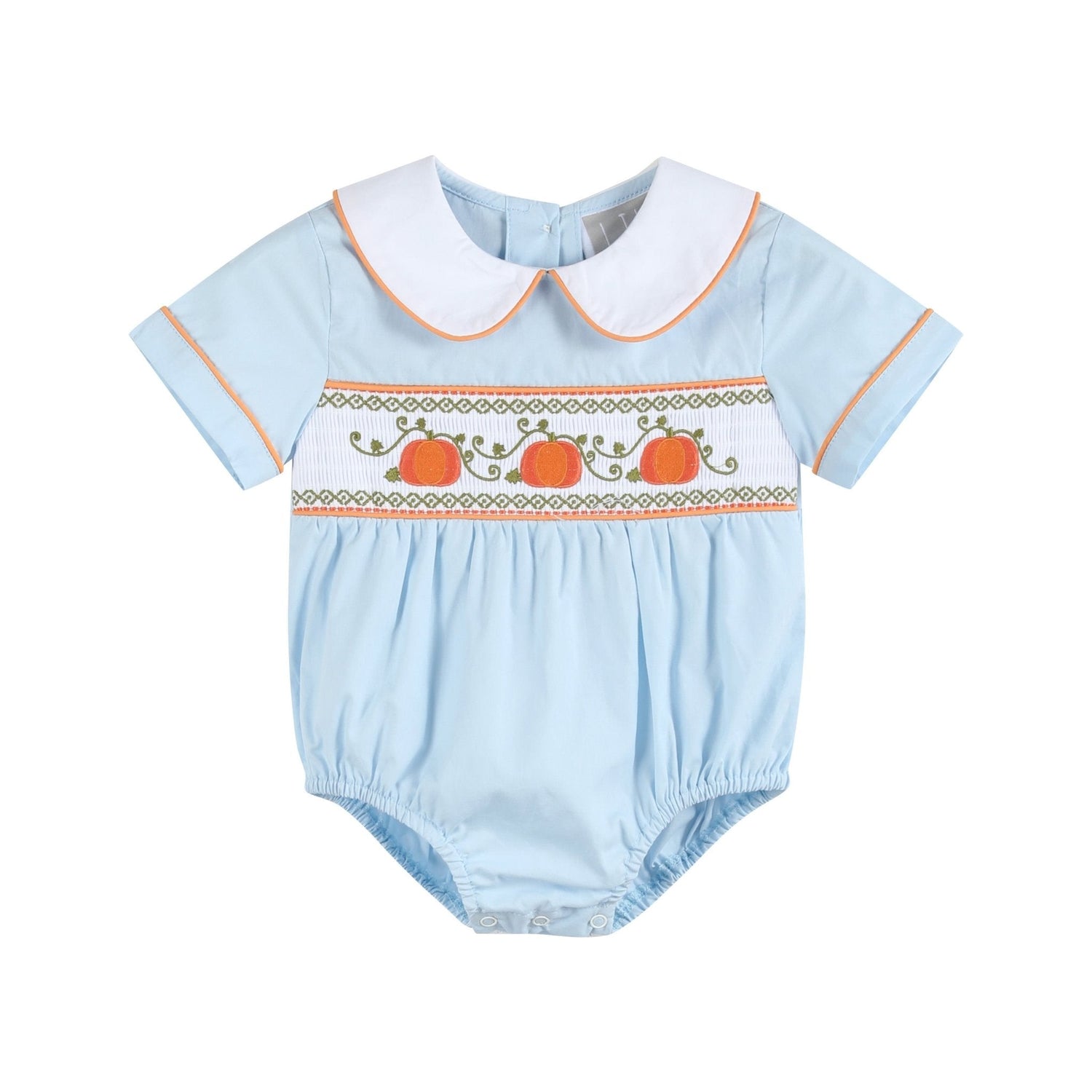 Light Blue Pumpkin Vine Smocked Collared Romper