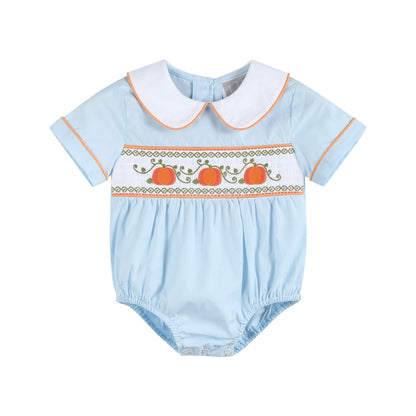 Light Blue Pumpkin Vine Smocked Collared Romper