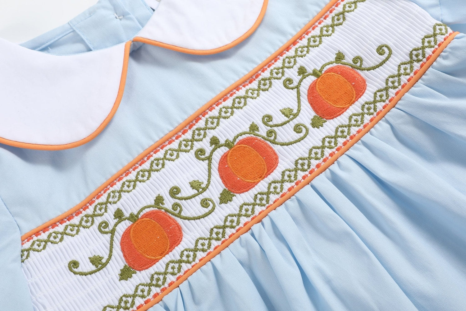 Light Blue Pumpkin Vine Smocked Dress and Bloomers