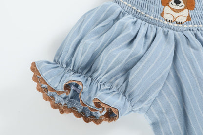 Light Blue Puppy Smocked Bishop Dress
