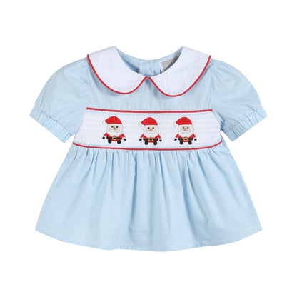 Light Blue Santa Smocked Dress and Bloomers