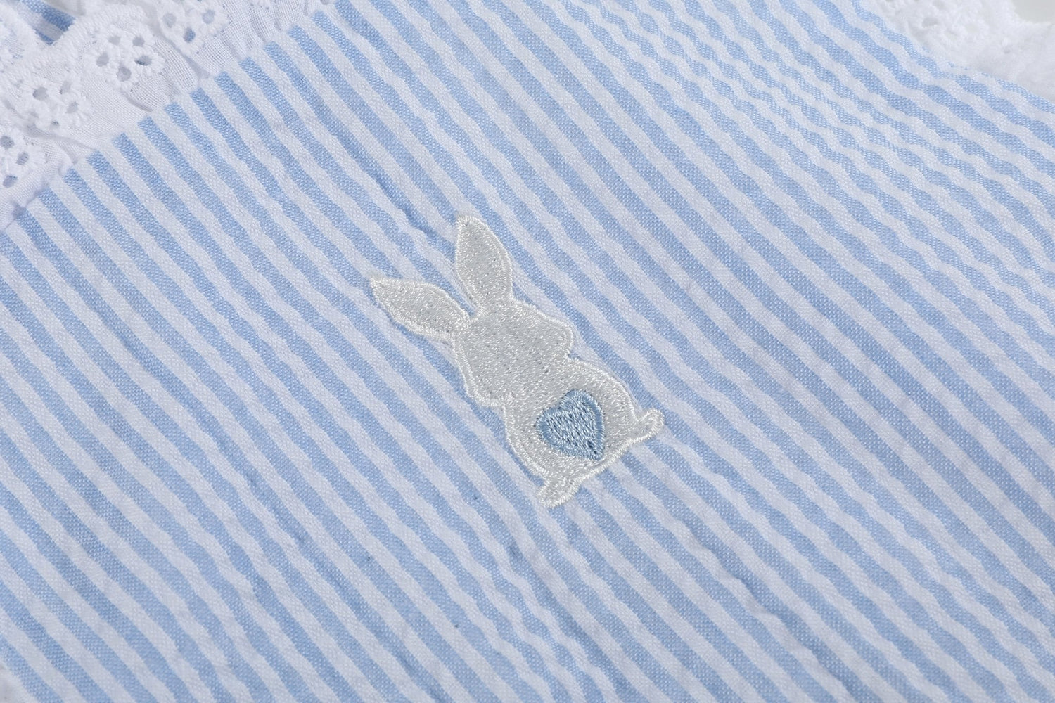 Light Blue Seersucker Bunny Ruffle Romper