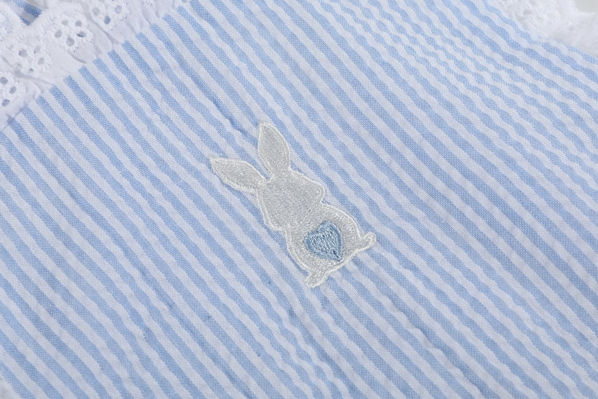 Light Blue Seersucker Bunny Ruffle Romper