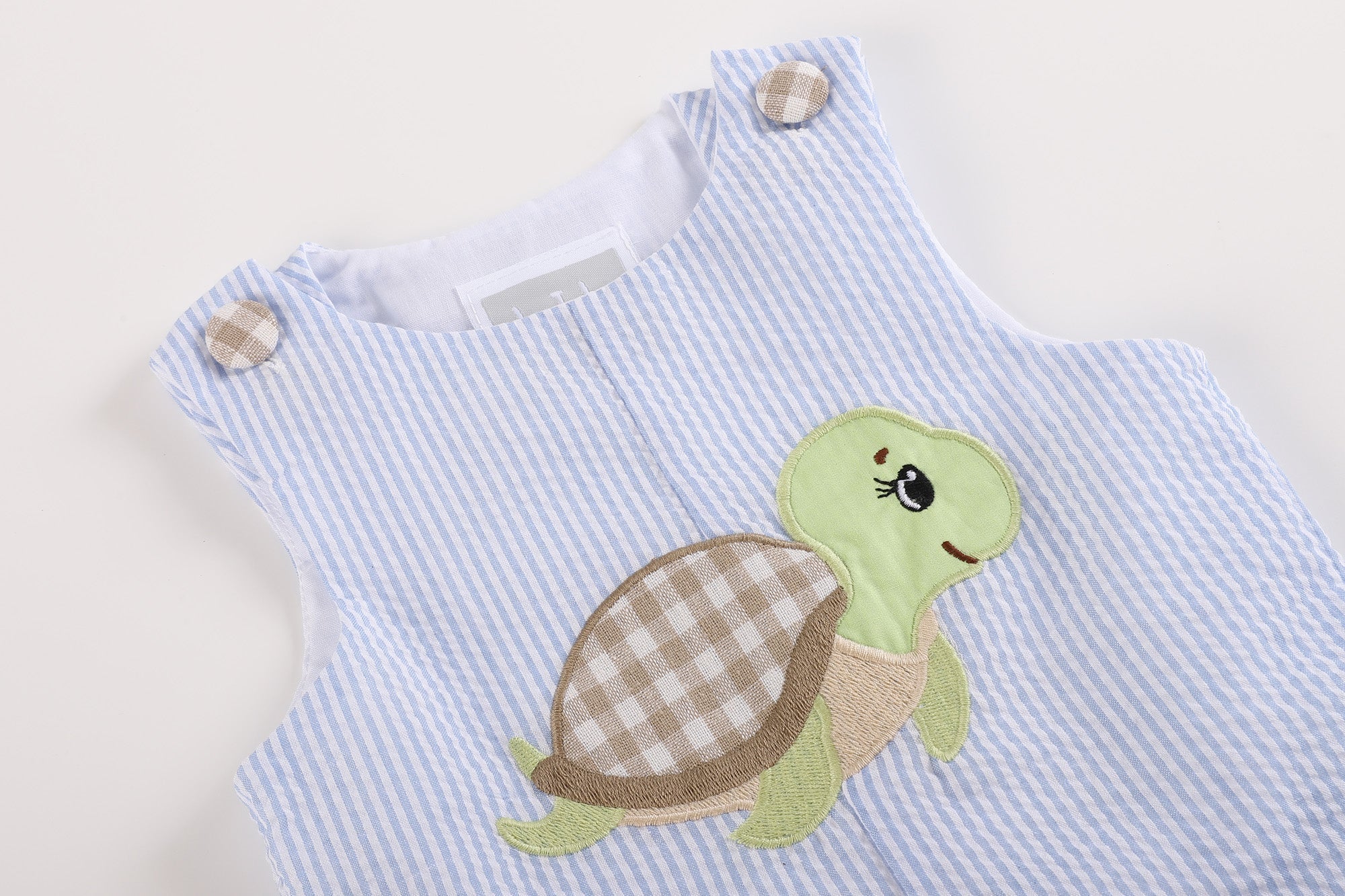 Light Blue Stripe Turtle Appliqué Shortalls