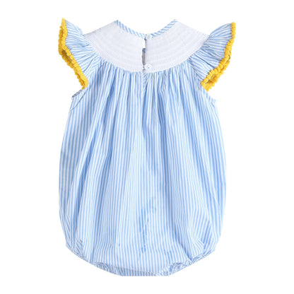 Light Blue Striped Lemons Smocked Ruffle Romper