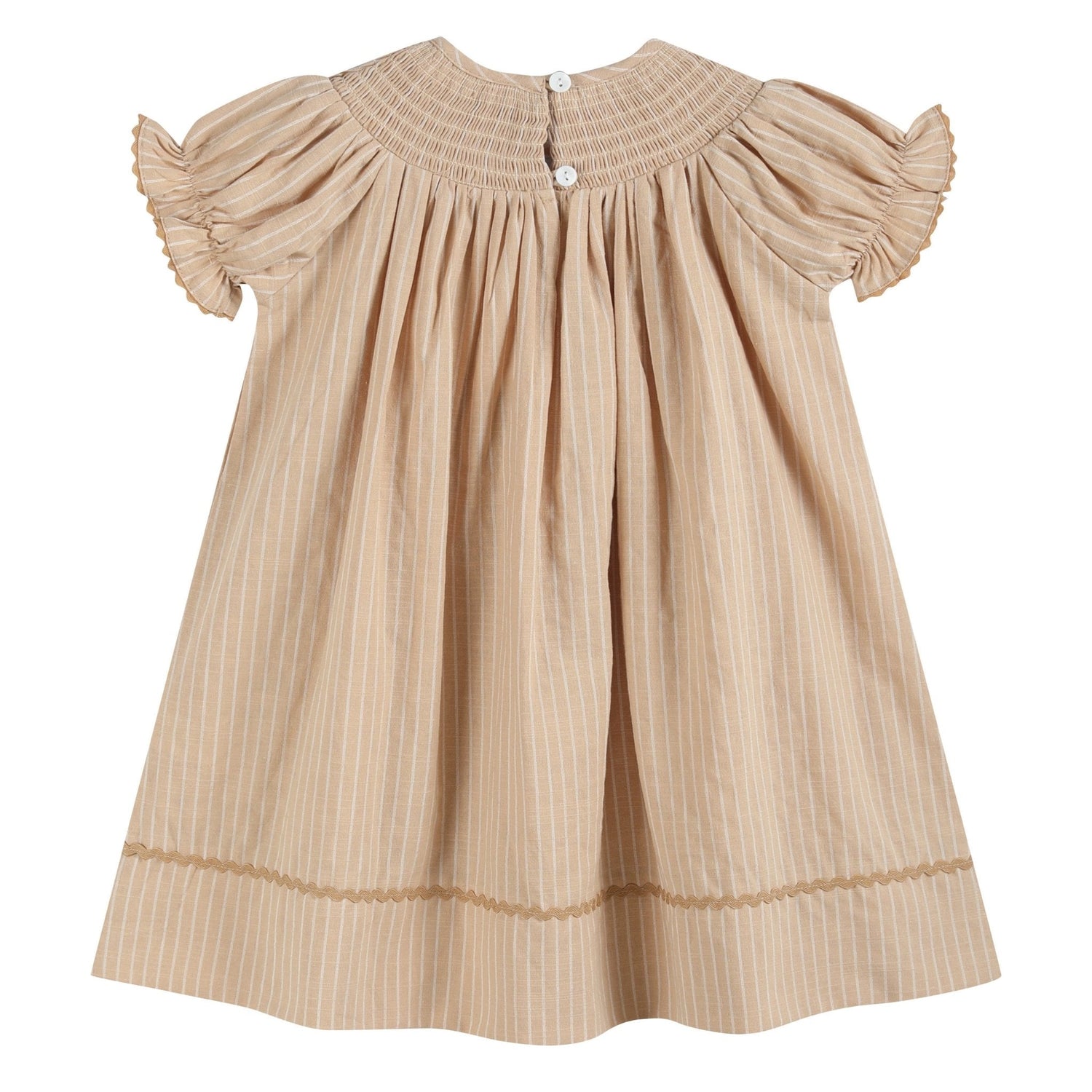 Light Brown Pinstripe Pumpkin Smocked Bishop Dress