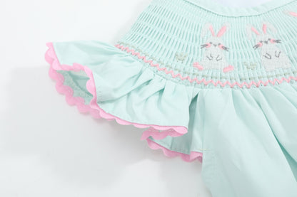 Misty Blue Bunny Smocked Bubble Romper
