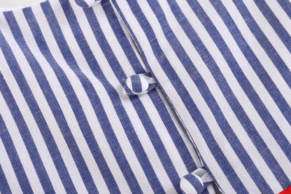 Navy Blue Stripe and Red Ruffle Bow Dress