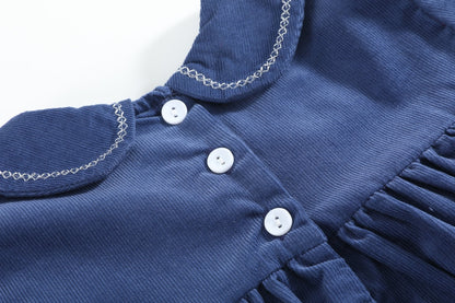 Navy Corduroy Ruffle Dress with Silver Bows