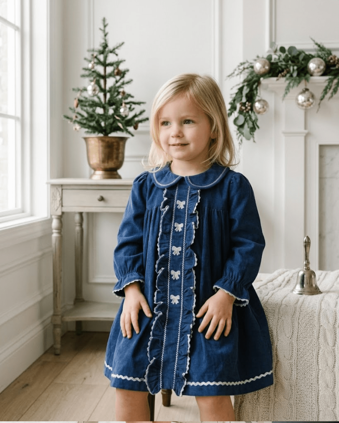 Navy Corduroy Ruffle Dress with Silver Bows