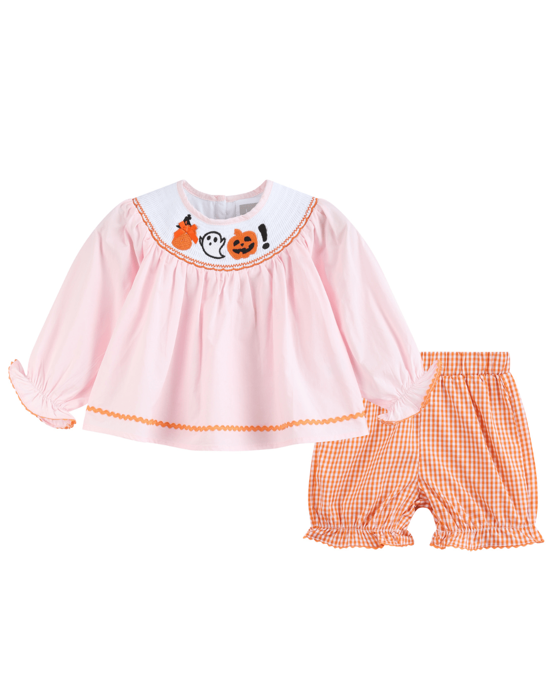 Pink and Orange Gingham Boo Smocked Dress and Bloomer Set