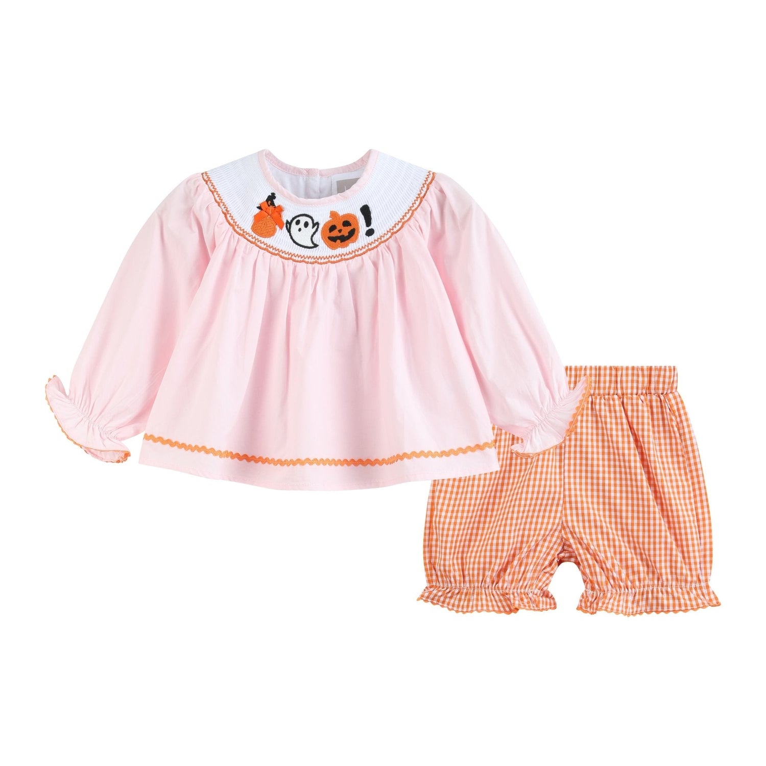 Pink and Orange Gingham Boo Smocked Dress and Bloomer Set
