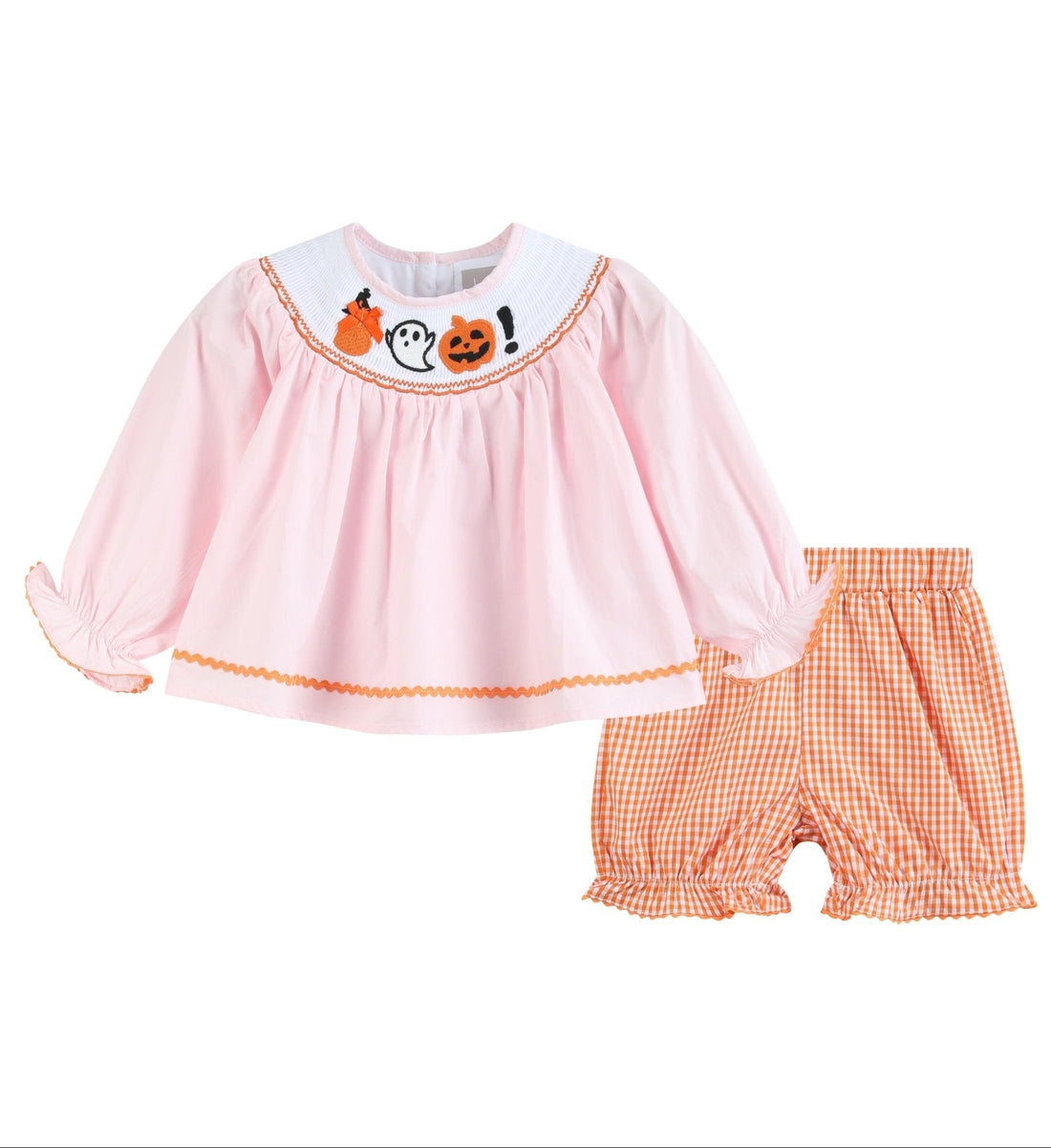 Pink and Orange Gingham Boo Smocked Dress and Bloomer Set