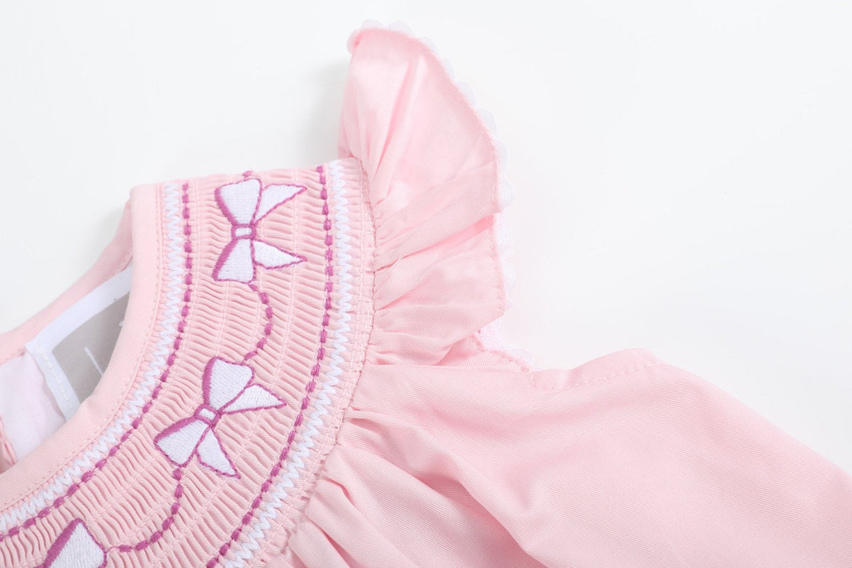 Pink and White Bows Smocked Bishop Dress