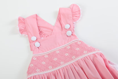 Pink and White Flower Smocked Ruffle Romper