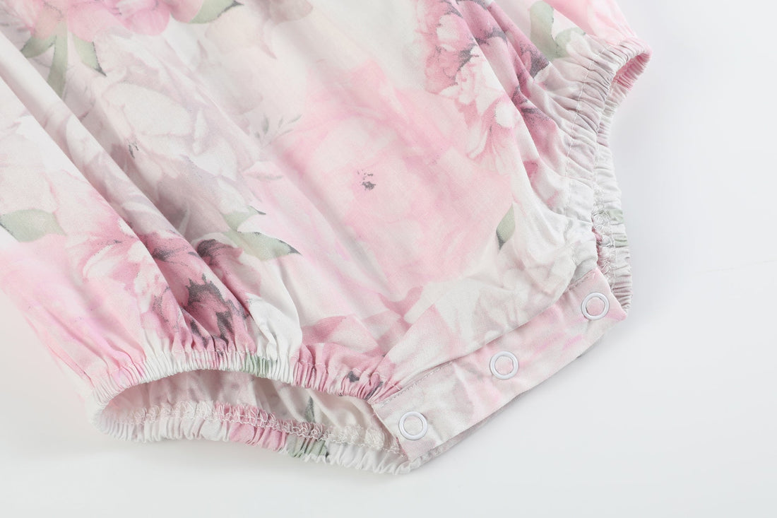 Pink and White Peony Bunny Smocked Flutter Romper