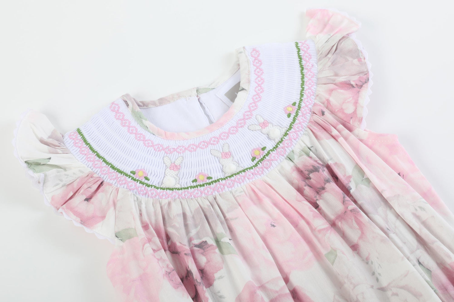 Pink and White Peony Bunny Smocked Flutter Romper