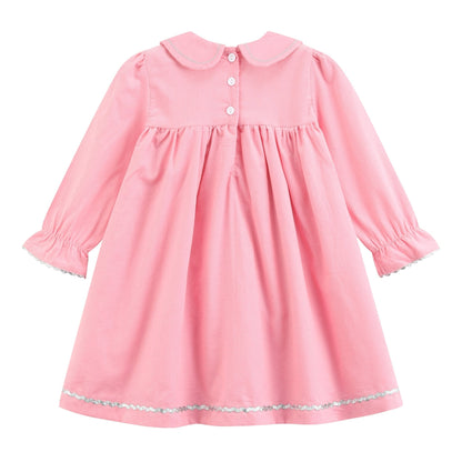 Pink Corduroy Ruffle Dress with Silver Bows