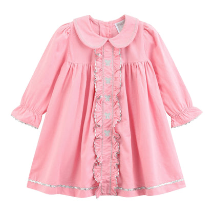 Pink Corduroy Ruffle Dress with Silver Bows