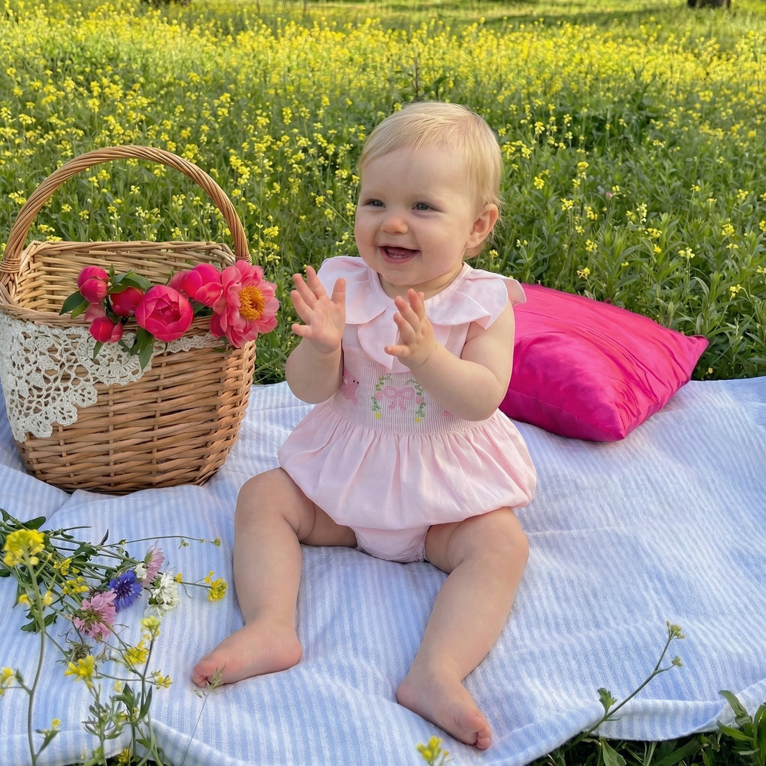 Pink Petal Collared Smocked Bubble Romper