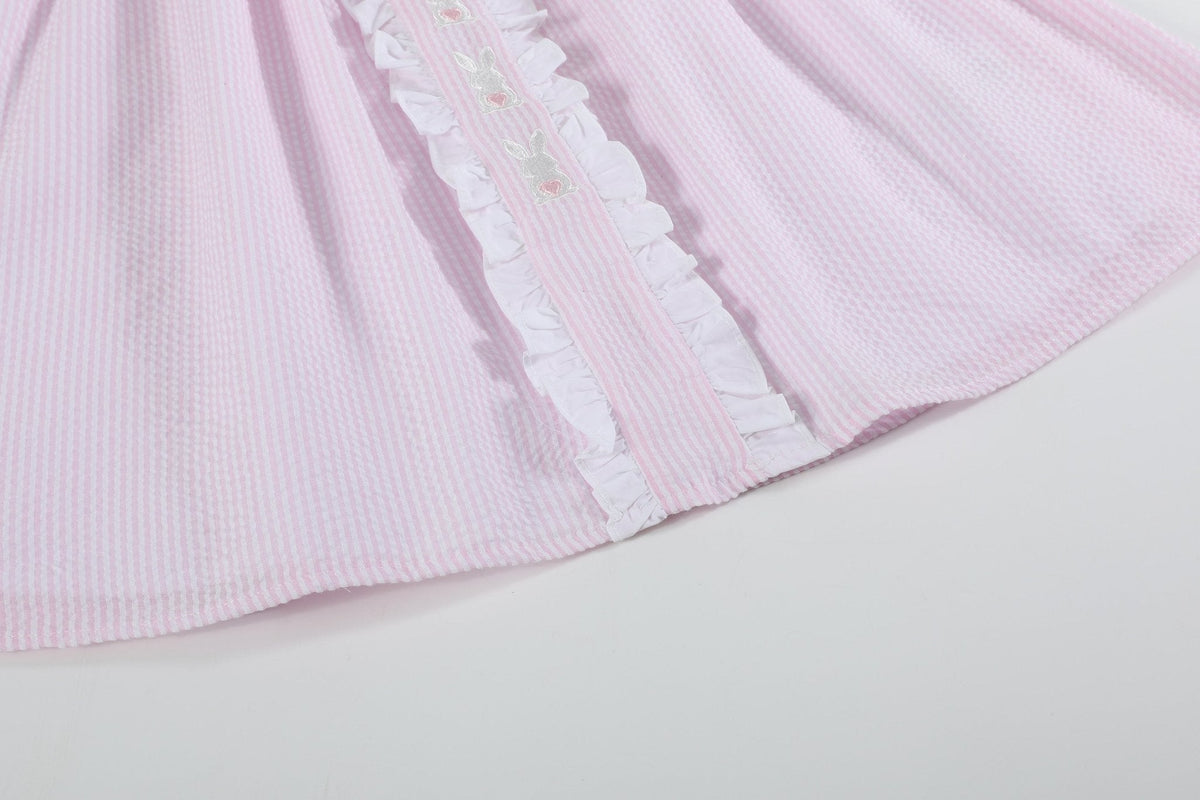 Pink Seersucker Bunny Ruffle Dress