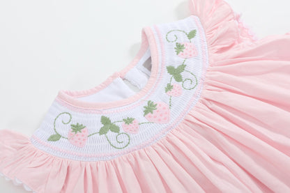 Pink Strawberry Vine Smocked Bishop Dress